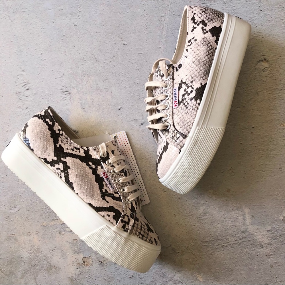 Superga Platform Sneakers in Beige and Black Snake Print